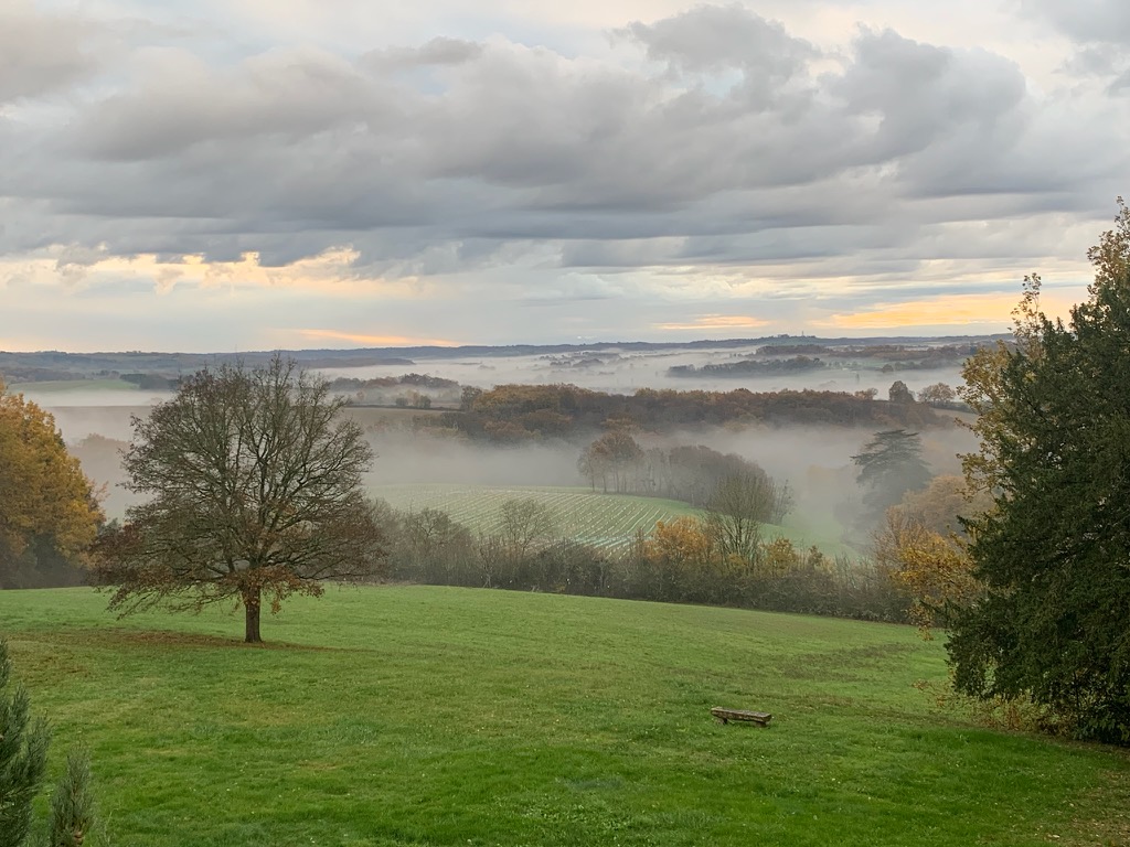 Misty morning over the grounds of Château de Séailles