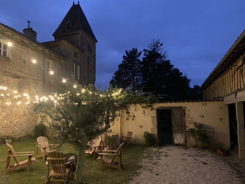 First use of the gite courtyard since we installed lights and grew grass.