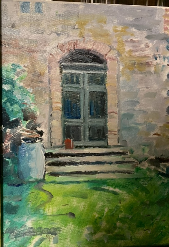 The Blue Door — original oil painting of the château doorway and steps